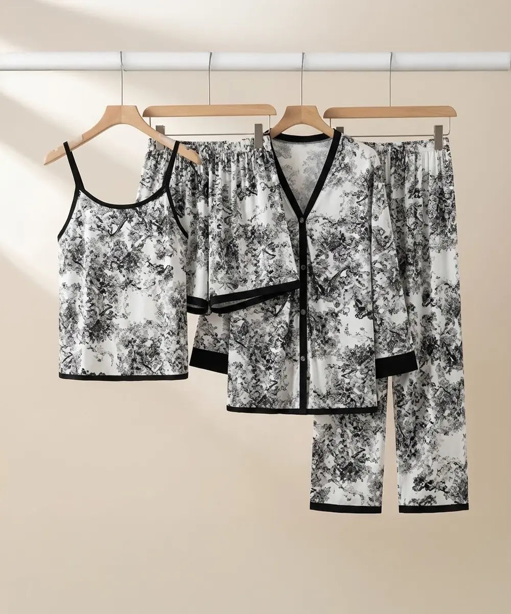 Midnight Garden 4-Piece Satin Sleepwear & Loungewear Set