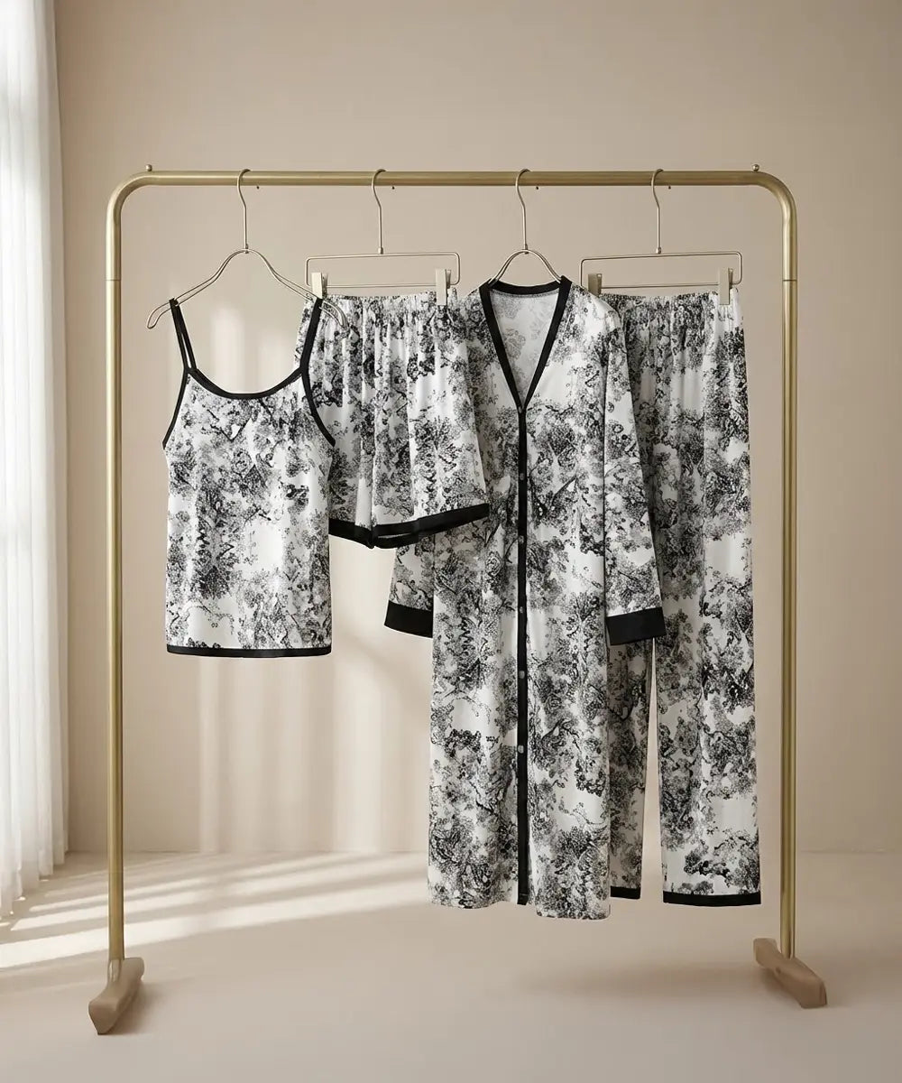 Midnight Garden 4-Piece Satin Sleepwear & Loungewear Set