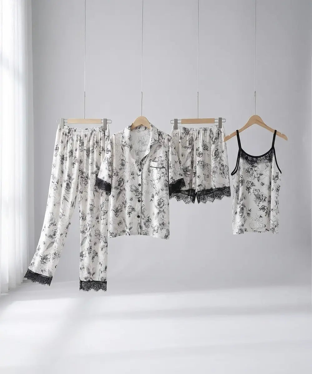 Ethereal Bloom 4-Piece Lace-Trim Satin Sleep Set