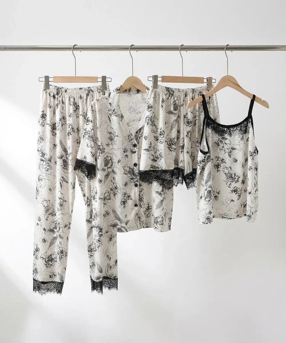 Ethereal Bloom 4-Piece Lace-Trim Satin Sleep Set