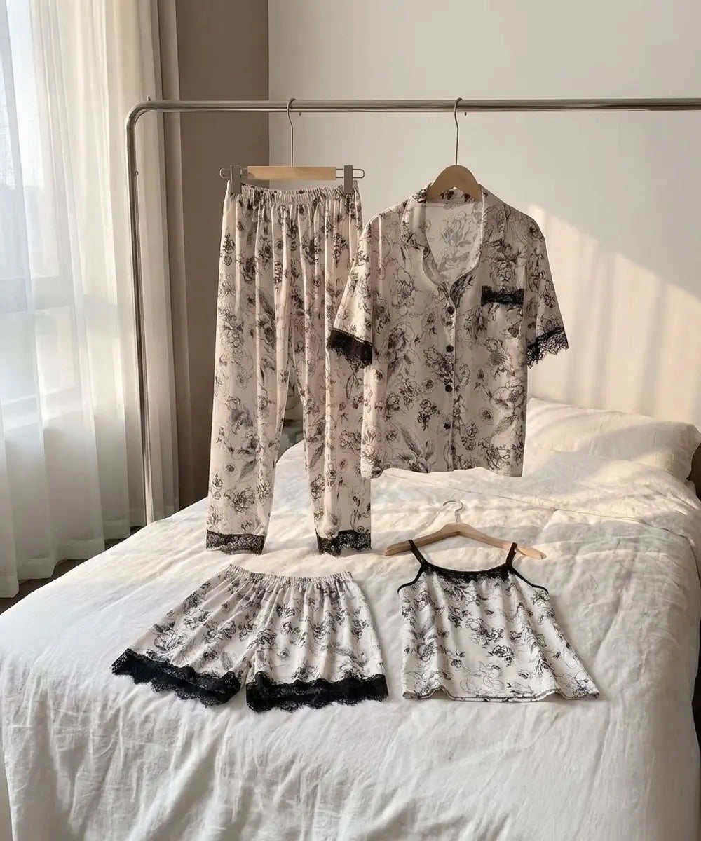 Ethereal Bloom 4-Piece Lace-Trim Satin Sleep Set