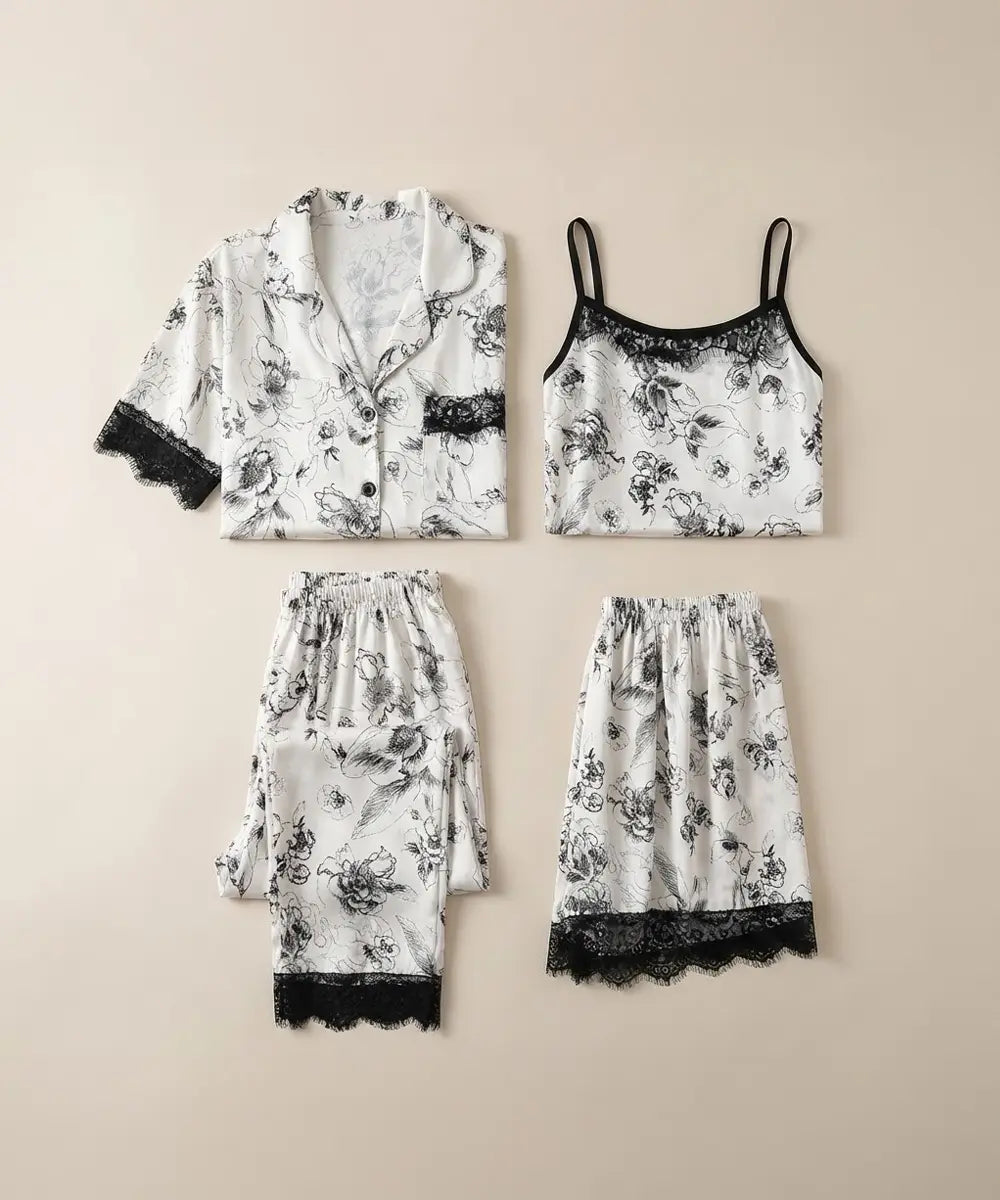 Ethereal Bloom 4-Piece Lace-Trim Satin Sleep Set