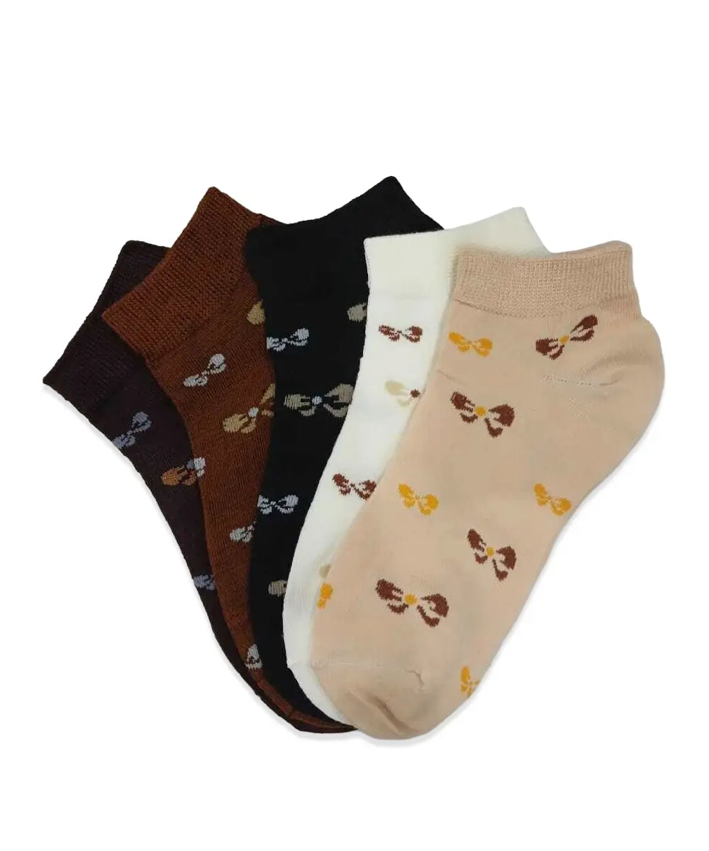 Cute Ribbon Print Women's Ankle Socks(Pack Of 5)