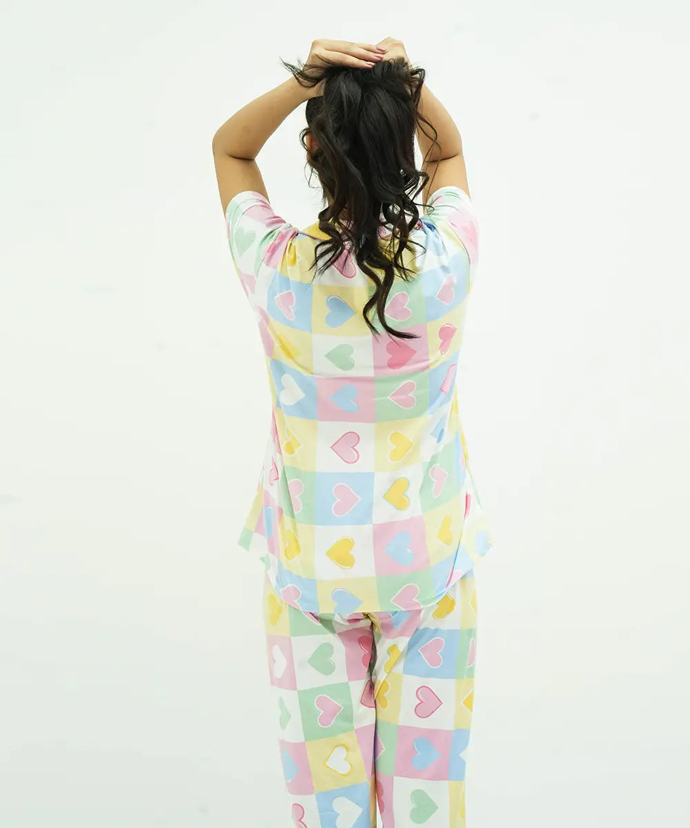 Button Down Heart Printed Nightsuit