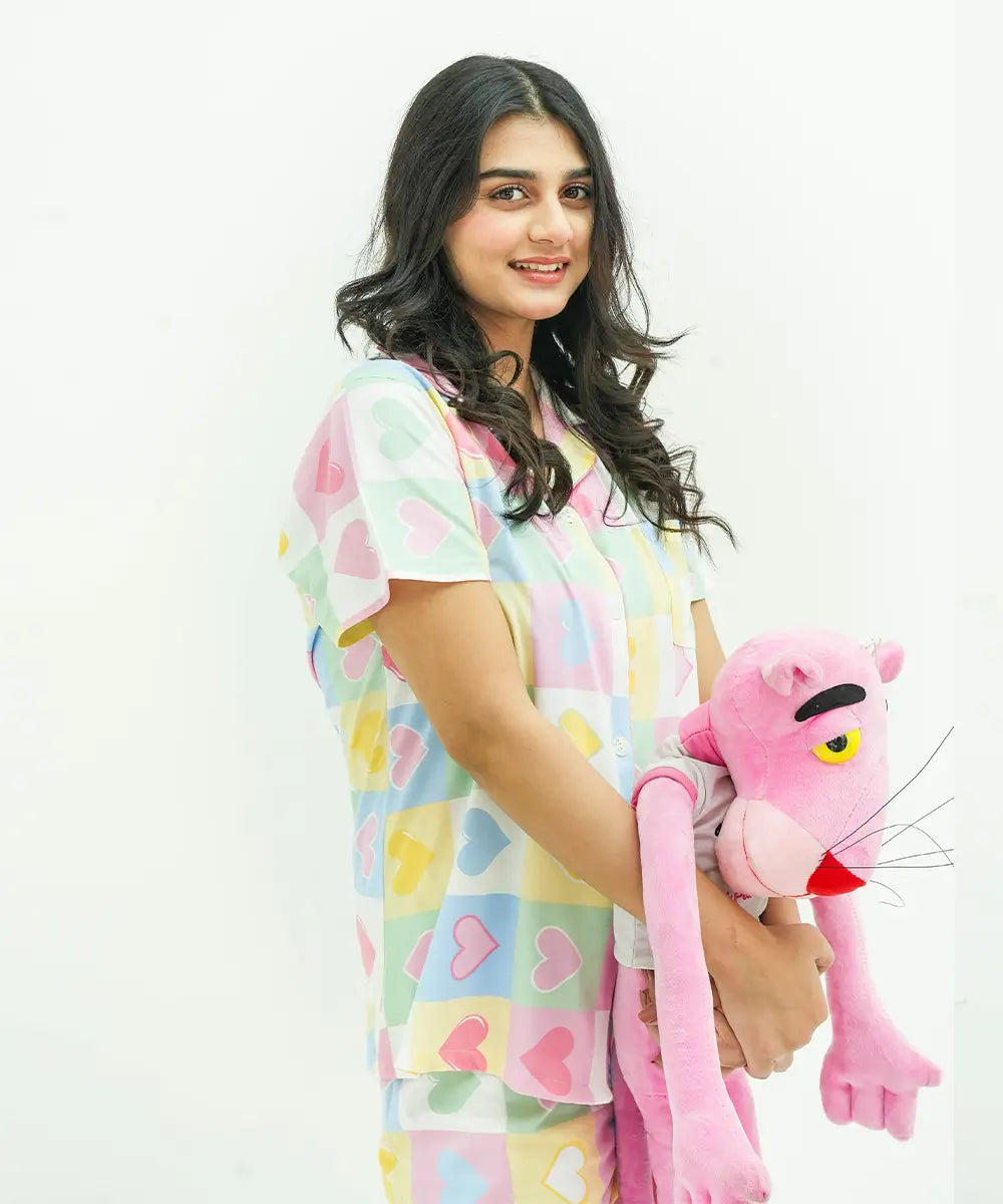 Button Down Heart Printed Nightsuit