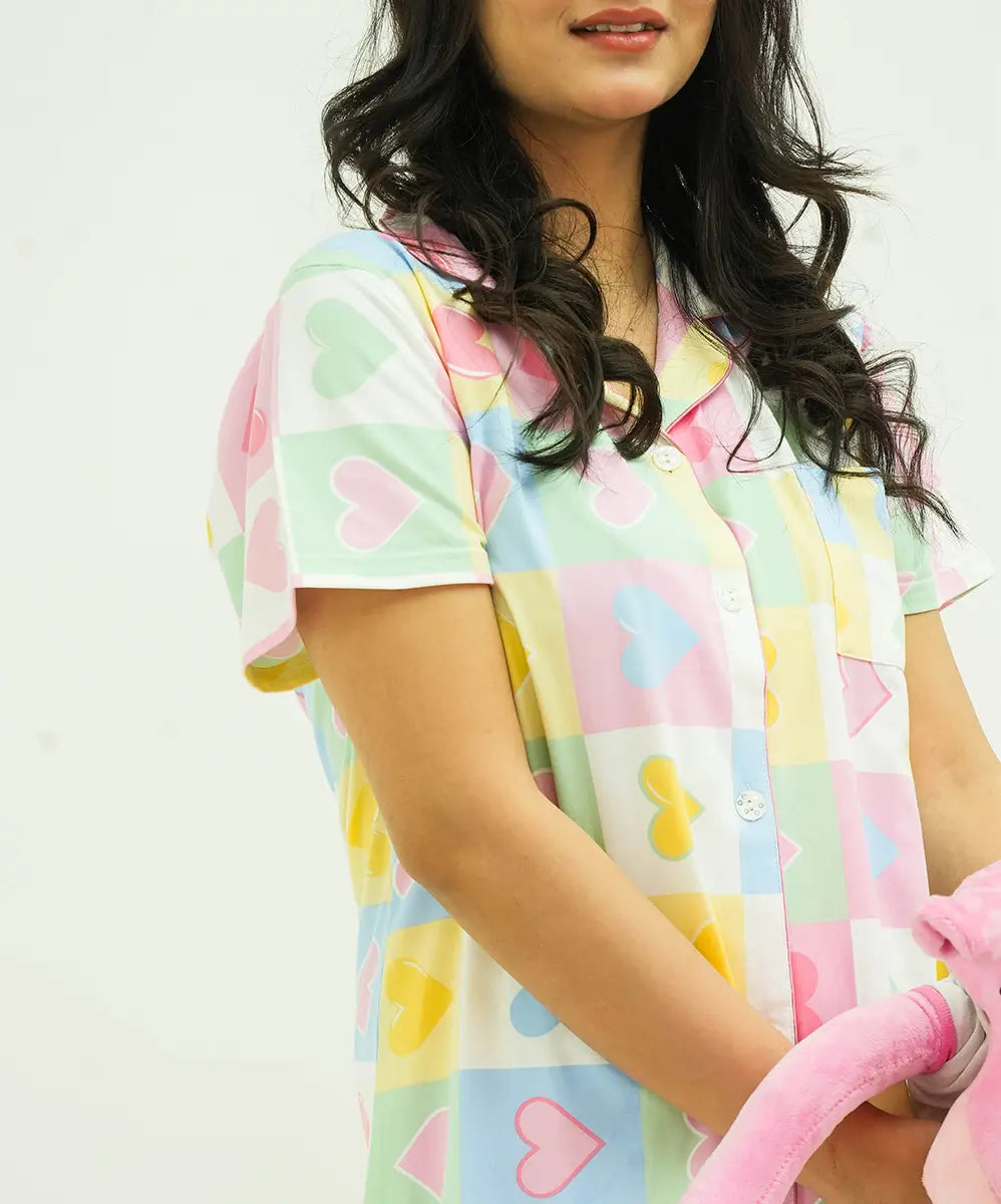 Button Down Heart Printed Nightsuit