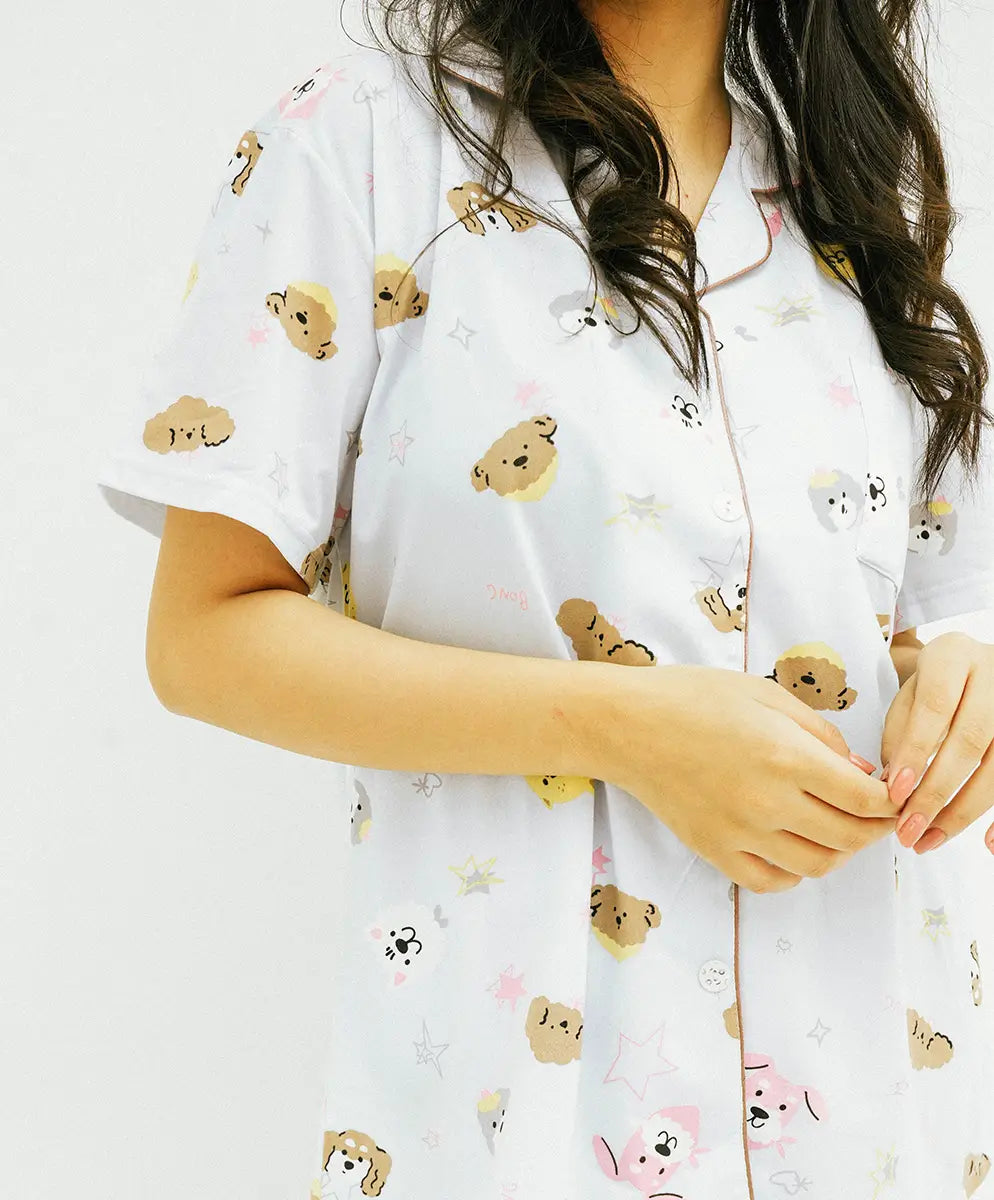Cute Puppy Print Button Down Nightsuit
