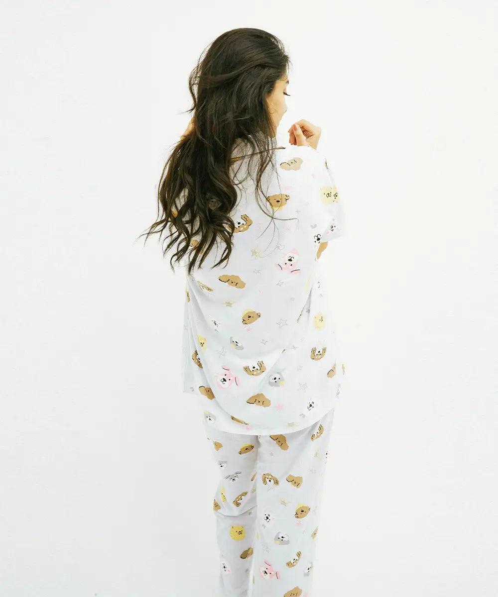 Cute Puppy Print Button Down Nightsuit