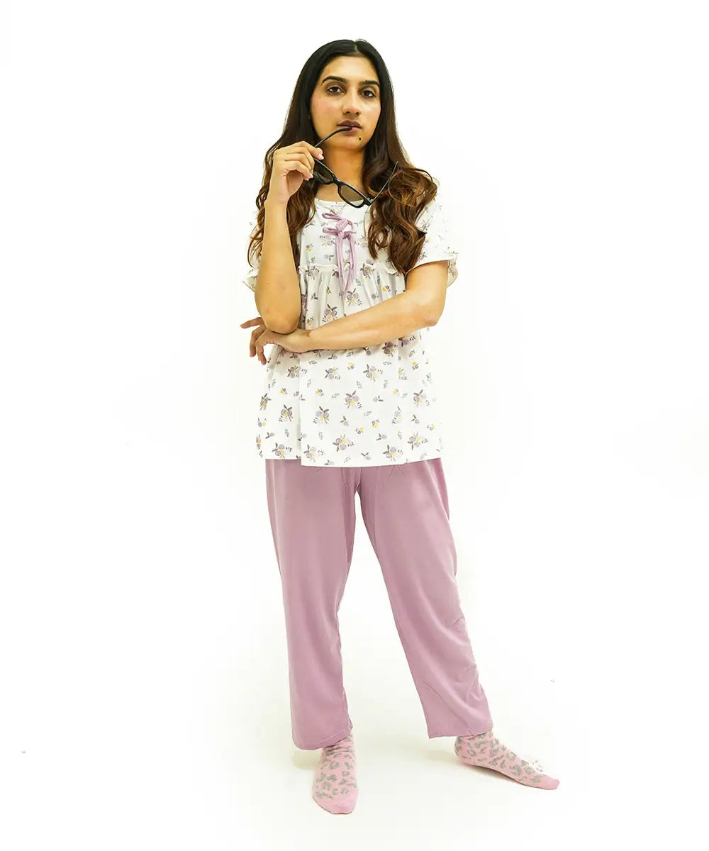 Lavender Blossom Tie Front Nightsuit