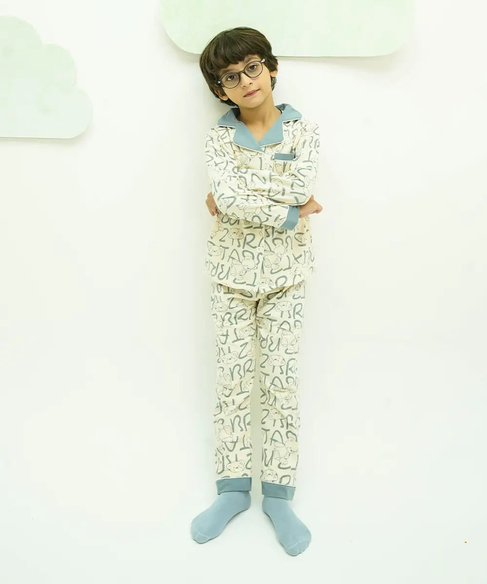 Teddy Alphabet Button Down Night Suit