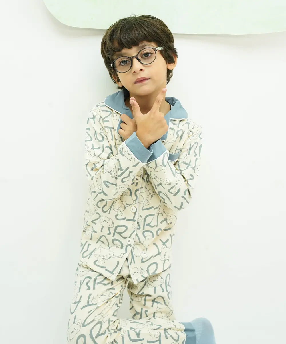 Teddy Alphabet Button Down Night Suit