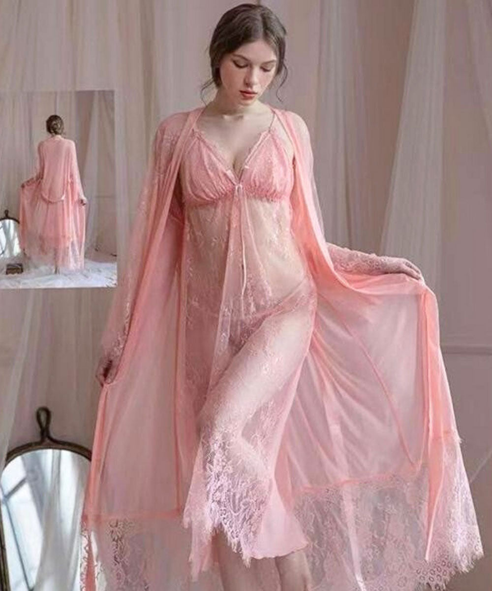Peach Lace Long Nighty with Robe Set